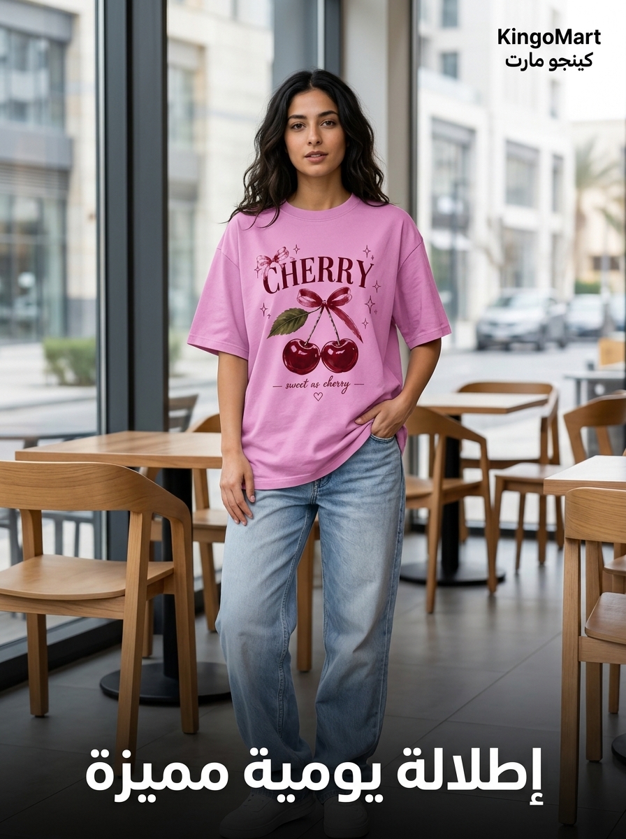 تيشرت أوفر سايز بناتي بطبعة Cherry - خامة بوليفار